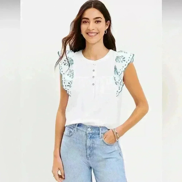 Loft Eyelet Flutter Henley Mixed Media Spring/Summer Top Size M - Picture 1 of 8